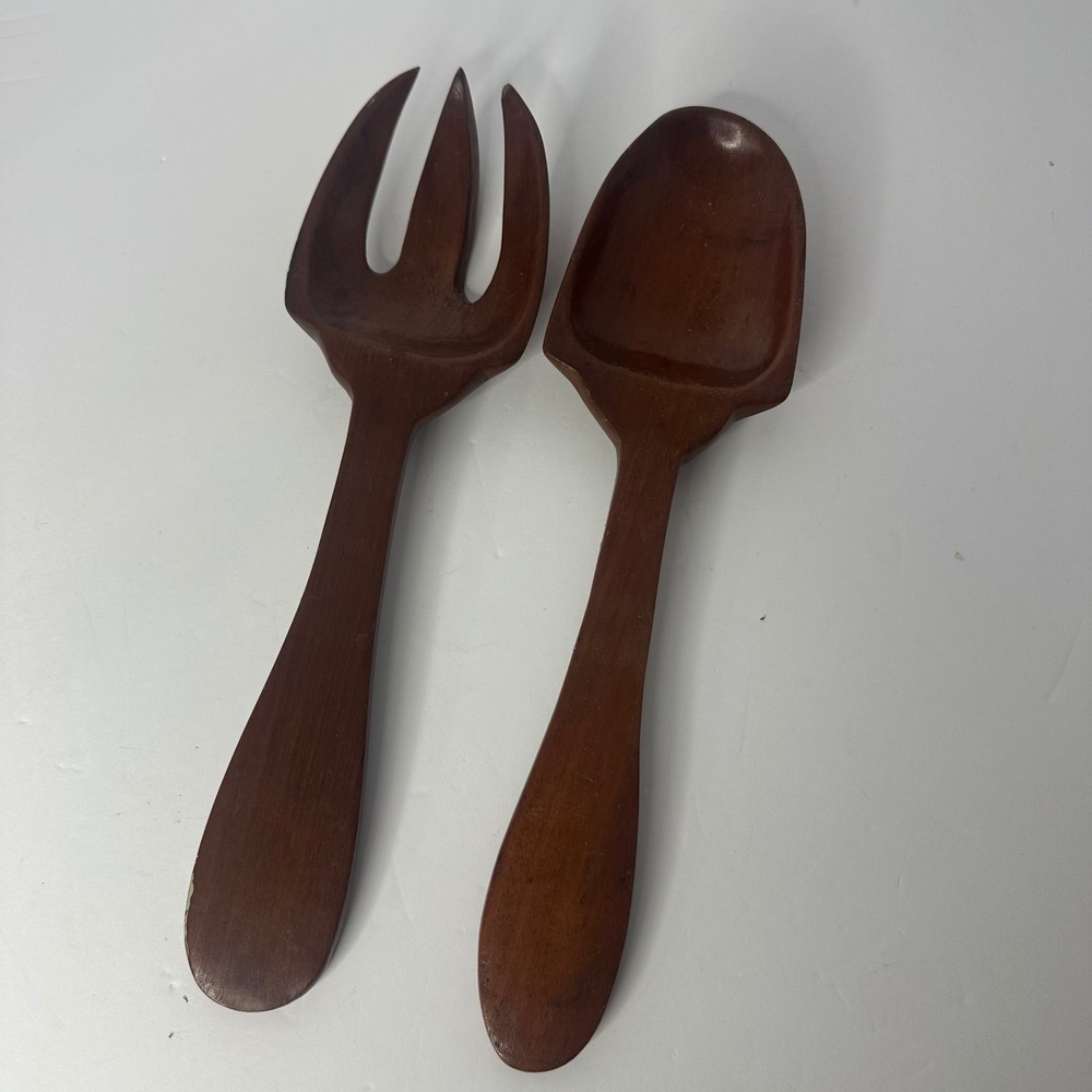 Vintage Tropical Brand Wooden Salad Serving Set Handcrafted Haiti Fork Spoon